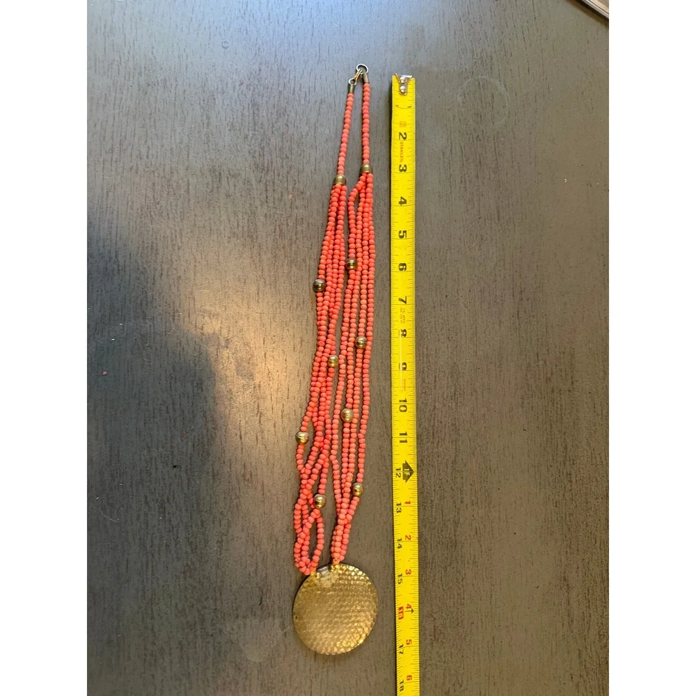 Vintage Multi Strand Coral Pink Seed Bead Hammered Gold Tone Pendant Necklace